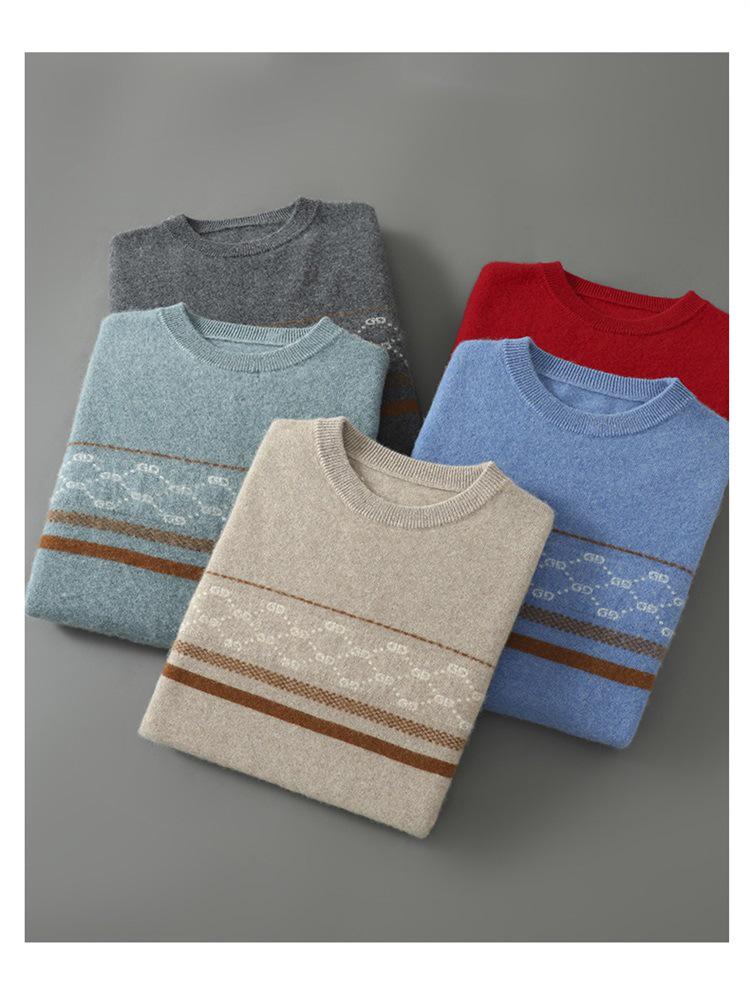 Men's Color Block Wool Pullover - Warm, Thickened Round Neck Knitwear for Autumn/Winter 2025