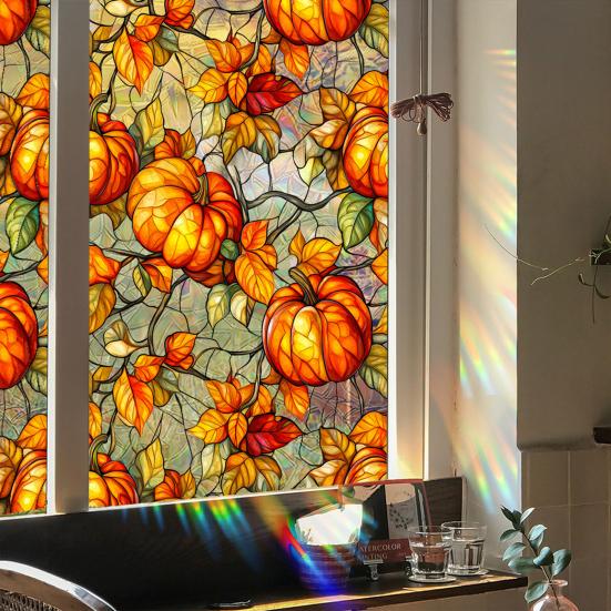 Halloween Window Sticker Stained Glass Style Witch Bats Decal Removable Pumpkins Ghosts Static Window Cling for Party Decoration