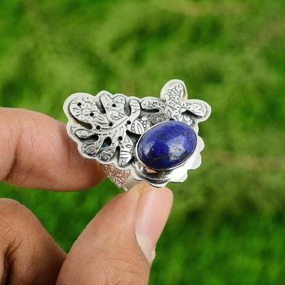 Bague ajustable en argent 925 avec plusieurs pierres précieuses de lapis-lazuli naturel pour filles