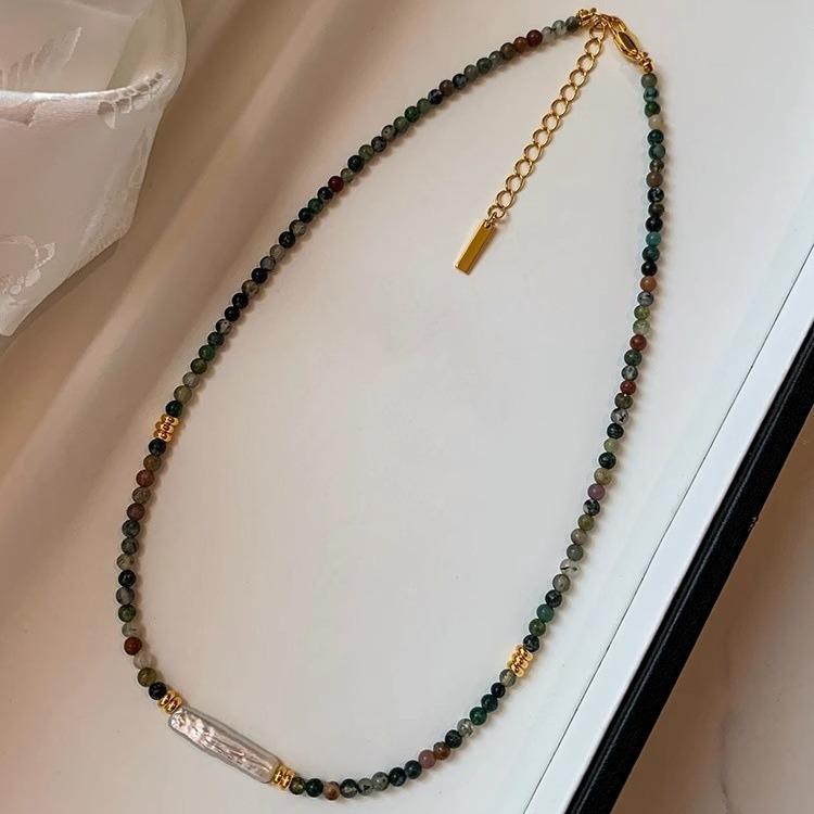 Baroque Small Silver Bar Freshwater Pearl Necklace Temperament Fashion Indian Agate Green Crystal Beaded Necklace Women