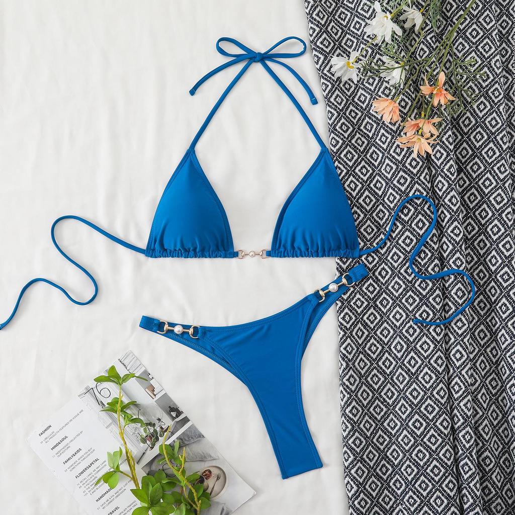 European & American Women's Solid Color Lace-Up Halter Triangle Bikini - Sexy Two-Piece Swimsuit