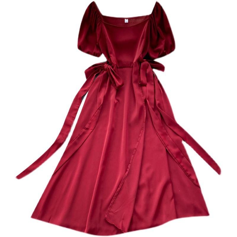 Gentle wind French first love dress summer dress new strap bow waist temperament swinging A-shaped skirt