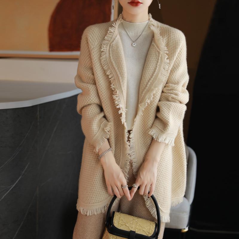 Korean New Soft Waxy Medium And Long Rough Edge Knitted Sweater Women'S Casual Lazy Style Small Sweater Cardigan Jacket Tide