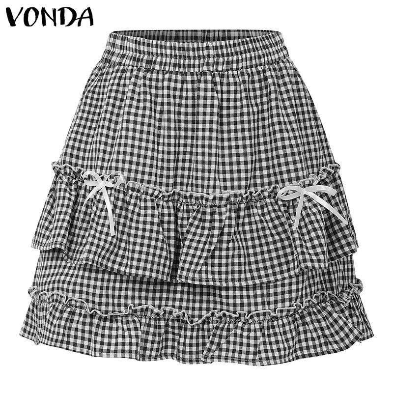 

VONDA Summer Women Elastic Waist Plaid Print Layers Ruffled Casual Mini Skirts 2XL