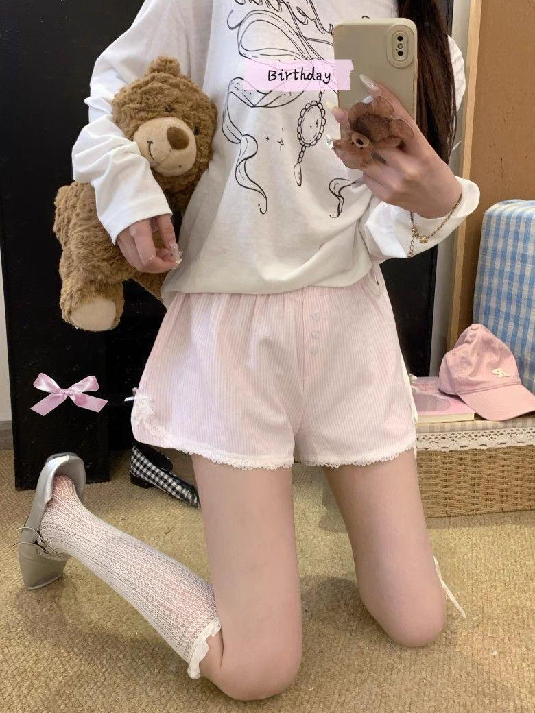 

Женские повседневные шорты ручной работы в синюю и белую полоску с высокой талией, кружевной отделкой и бантом L