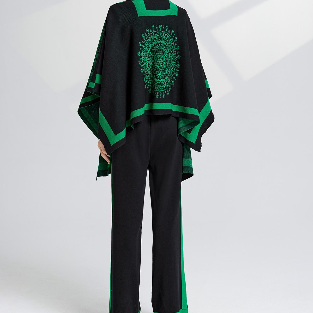 Элегантный цветочный узор вязаный костюм-тройка осень-зима трикотажный топ и широкие — фото 3