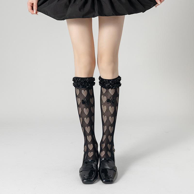 Spitzensocken für Damen Frühling und Sommer, Frotteesocken, Schleife Lolita Ballett-Stil Spitzen-Wadenlange Socken