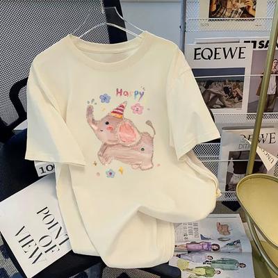 White Baby Elephant Short-sleeved T-shirt Women's 2025 Summer New Pure Cotton Design Top Loose Large Size Cartoon T-shirt