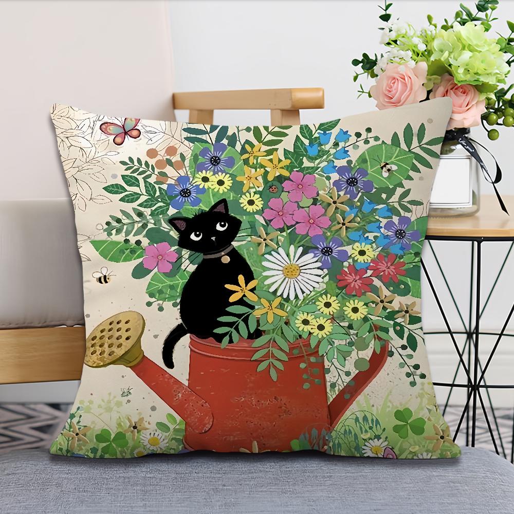 Funda de Almohada vintage francesa suave Cómoda gato negro caricatura para Sofá Sala de estar gato Habitación Hogar oficina Decoración Retro Cubierta Protectora