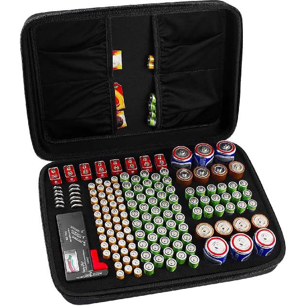Battery Organizer Case With Tester Holds 150+ AA AAA 9V C D Lithium Button Batteries Hard Shell For Home Garage Batteries