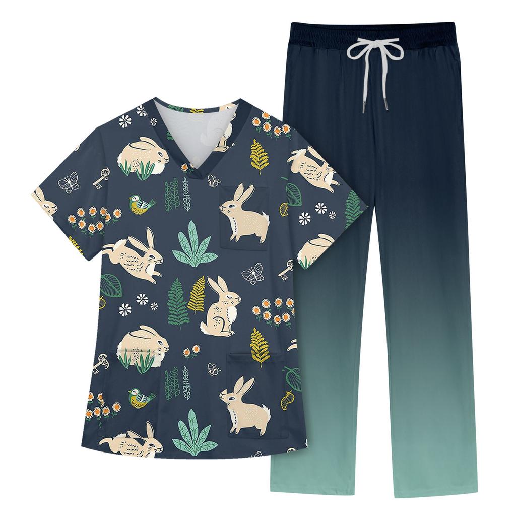 Women's Short Sleeve V Neck Animal Print Chest Pocket Work Top Elastic Waist Pants Two Piece Work Set