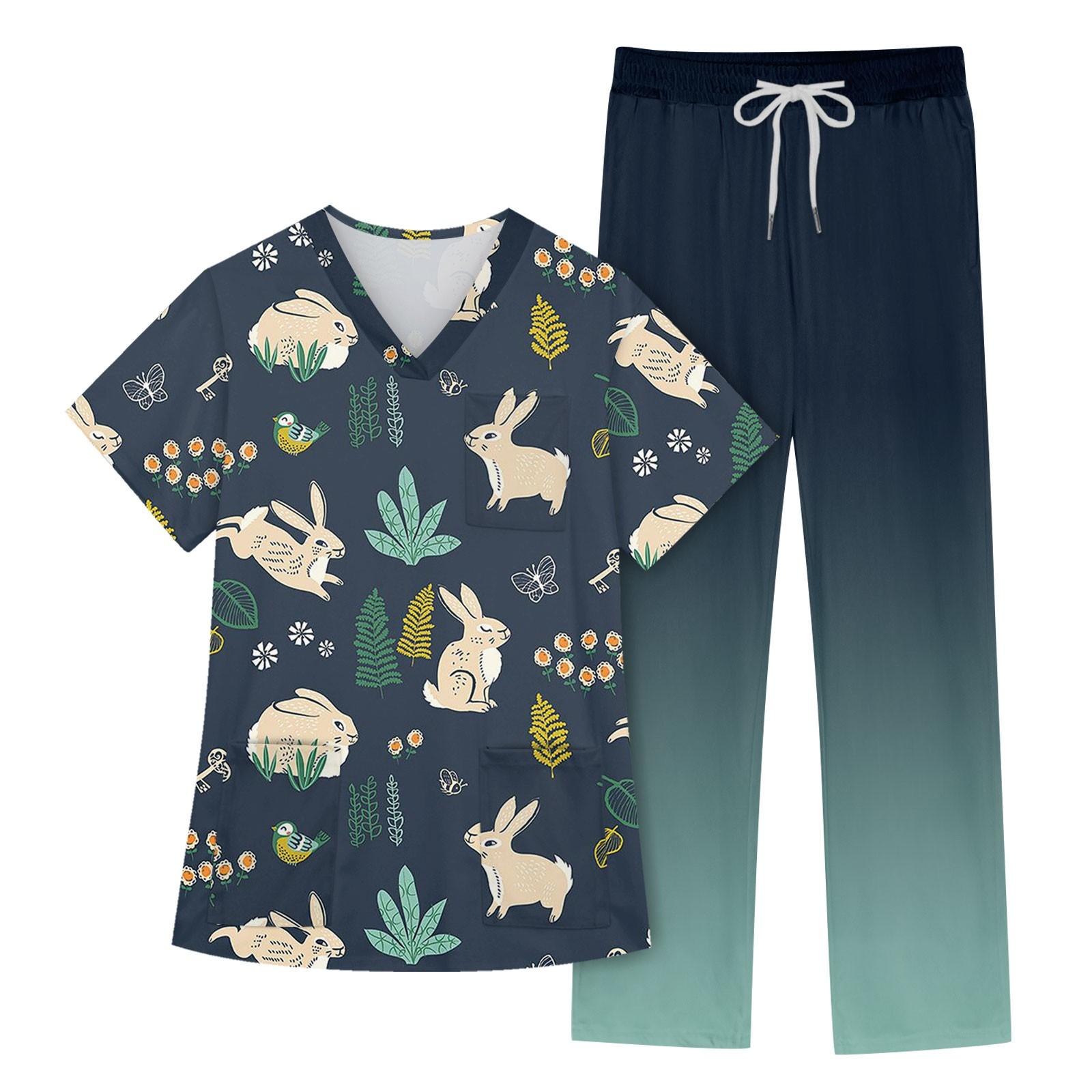 

Women s Short Sleeve V Neck Animal Print Chest Pocket Work Top Elastic Waist Pants Two Piece Work Set L темно-зеленого