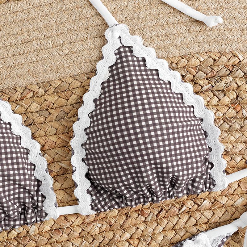 Women's Halter Gingham & Polka Dot Bikini Set Tie-Front Two Piece Swimsuit Pure & Sexy Hot Spring Resort Wear Lace Up Suits