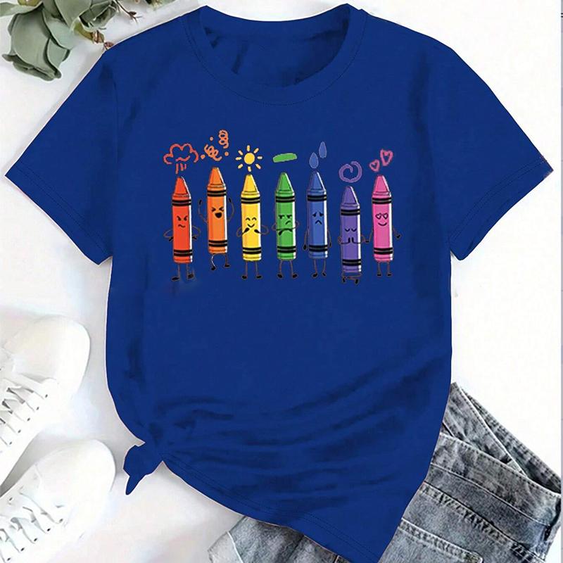 Mode Frauen süße Cartoon Crayon Print T Shirt lustige lässig O-Ausschnitt kurze Ärmel T-shirt Sommer weibliche T-Shirt