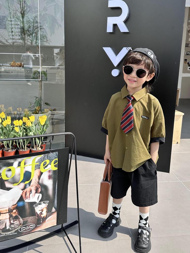 Kids' Korean Style Short-Sleeve Tie Shirt - 2026 Summer Trendy Performance Wear for Boys