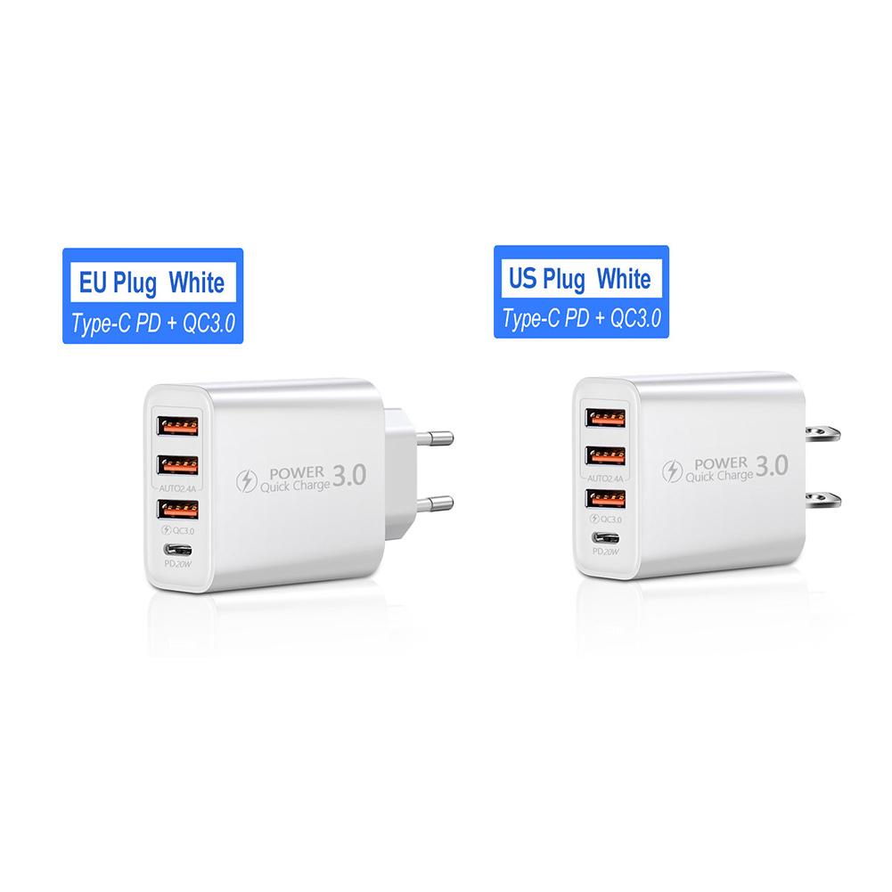 

20W PD 4 Ports USB 5V4A Charge Power Adapter Mobile Phone Charger QC3.0 Charging EU/US Plug Outlet Travel Charger 110V 220V US білий