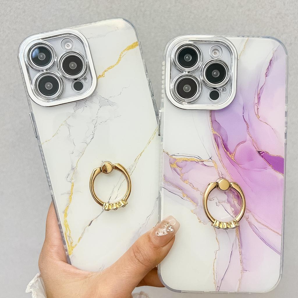 For iPhone 16 Pro Case with Kickstand IMD Marble Pattern Electroplated Phone Cover