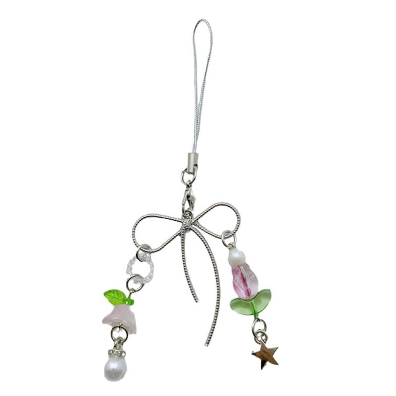 Lovely Beaded Bowknot Phone Strap Charm Pendant with Star Accents Sturdy Handbag Adornment Craft Supplies for Girls