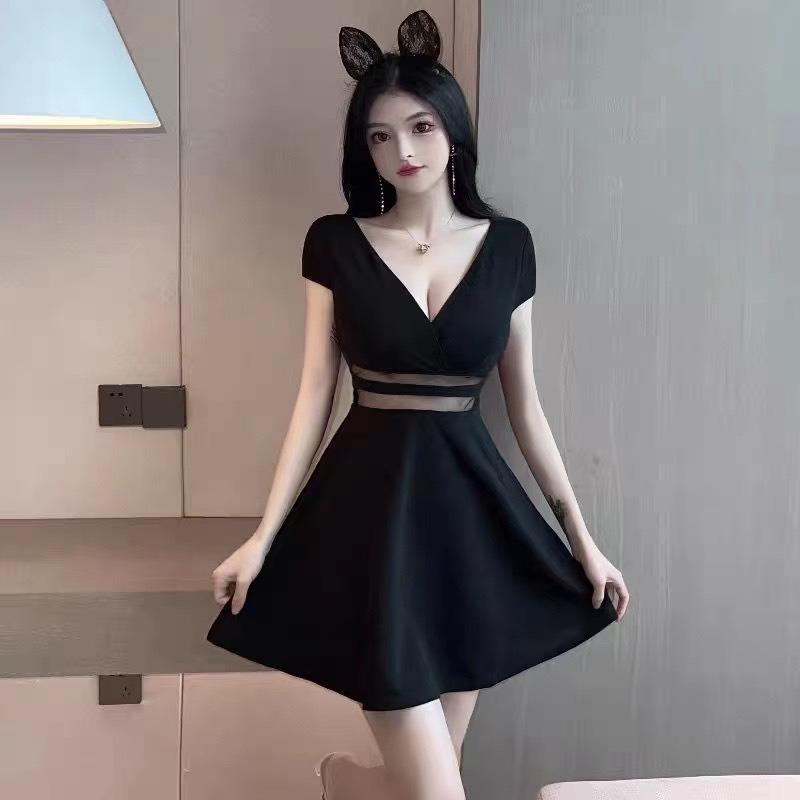 Summer new sexy Spice Girl collar show chest mesh splicing small black dress waist short sleeve big swing dress