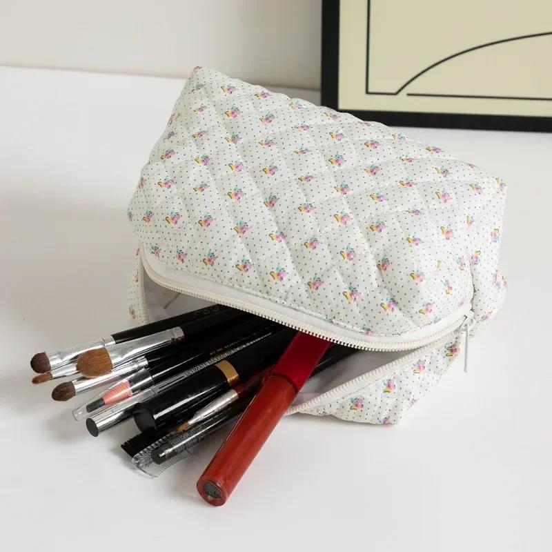 Pink Flower Printed Puffy Quilted Zipper Makeup Bag Storage Organizer Toiletry Handbag Cosmetic Pouch Large Travel Cosmetic Bag