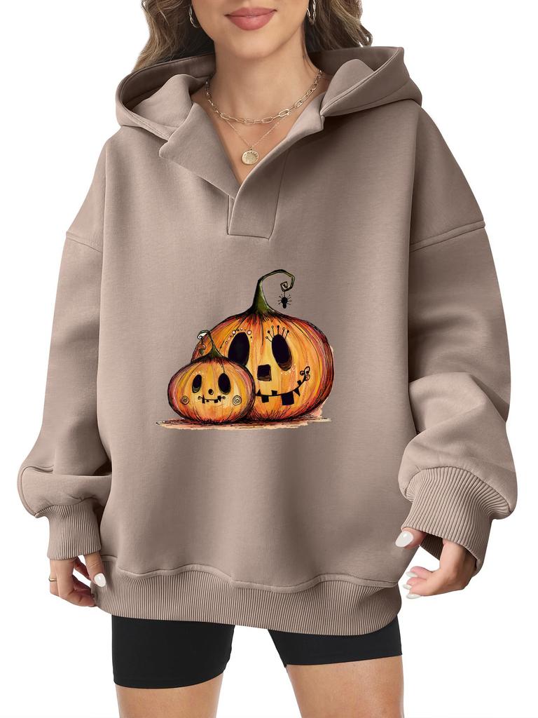 2025 real pumpkin autumn and winter Halloween velvet hooded sweater female American trendy cartoon printing thickened