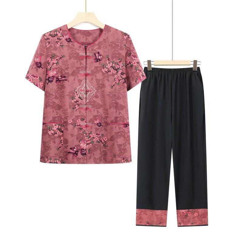 Grandma's Summer Clothing Set: Plus Size Mid-Sleeve Shirt for Middle-Aged and Elderly Women – Casual Spring Outfit for Mom