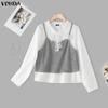 Women Casual Lace Collar Long Sleeve Fake Two-piece Patchwork Loose Blouse Shirts
