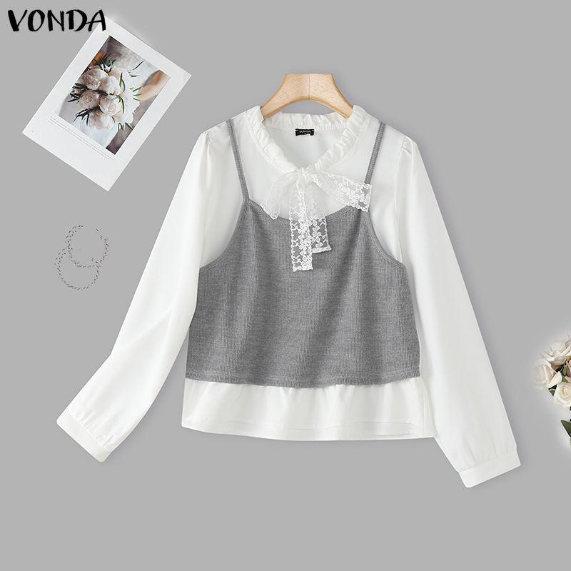 VONDA Women Casual Lace Collar Long Sleeve Fake Two-piece Patchwork Loose Blouse Shirts