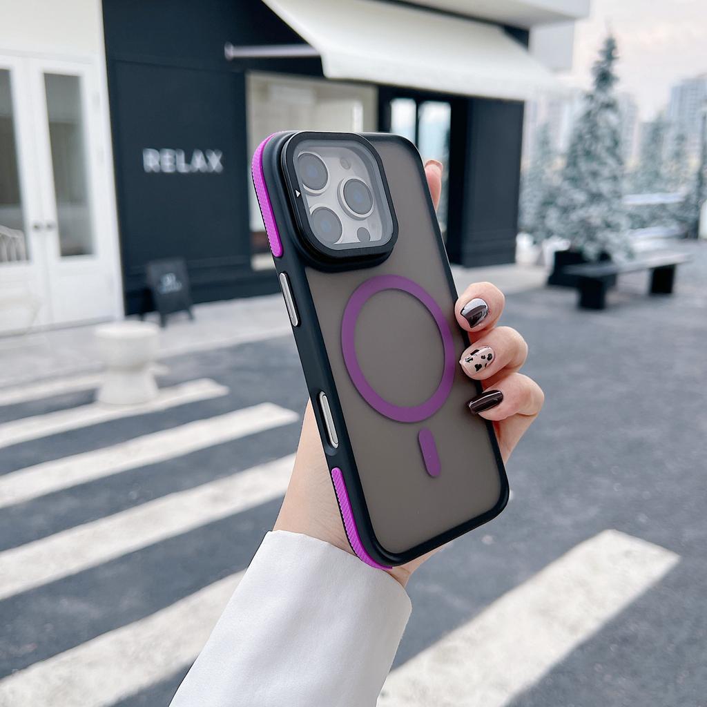 For iPhone 16 Pro Max Magnetic Case Skin-Touch TPU Acrylic Phone Back Cover with Lens Protector Kickstand