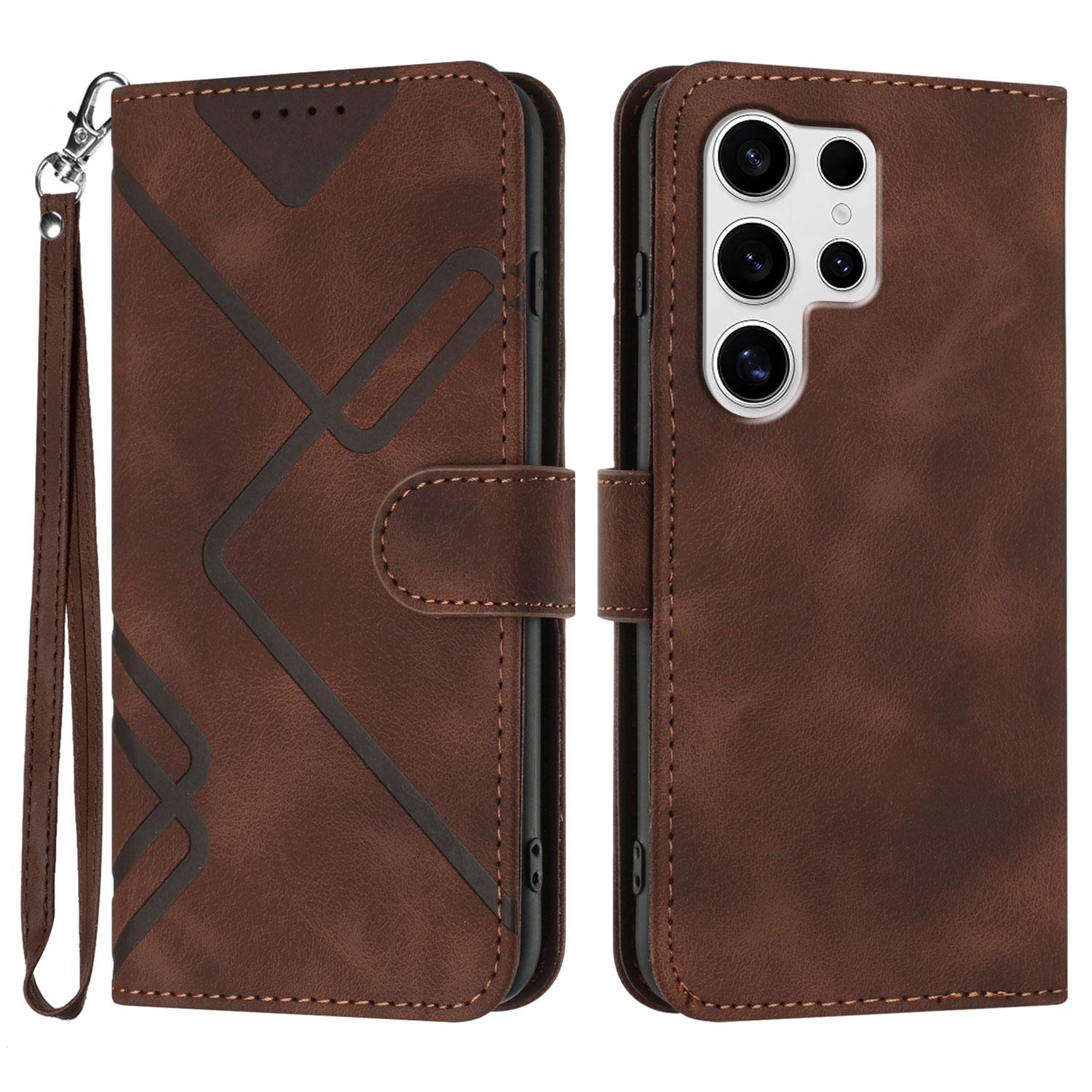 

For Samsung Galaxy S25 Ultra Wallet Case Line Imprinted PU Leather Phone Cover with Strap Brown