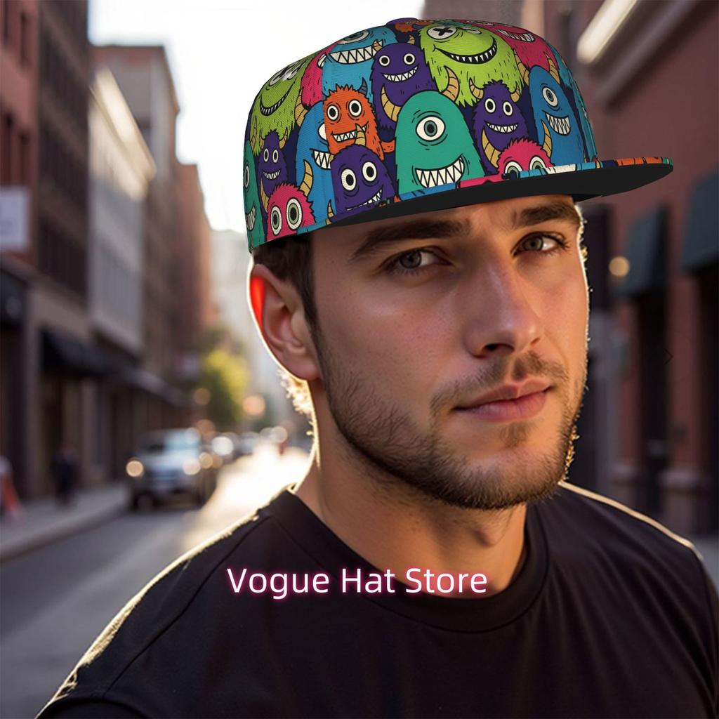 Cartoon Monster Doodle Pattern Baseball Cap, Hip Hop Streetwear Snapback Trucker Hat For Skateboarding Dance Outdoor Sports,