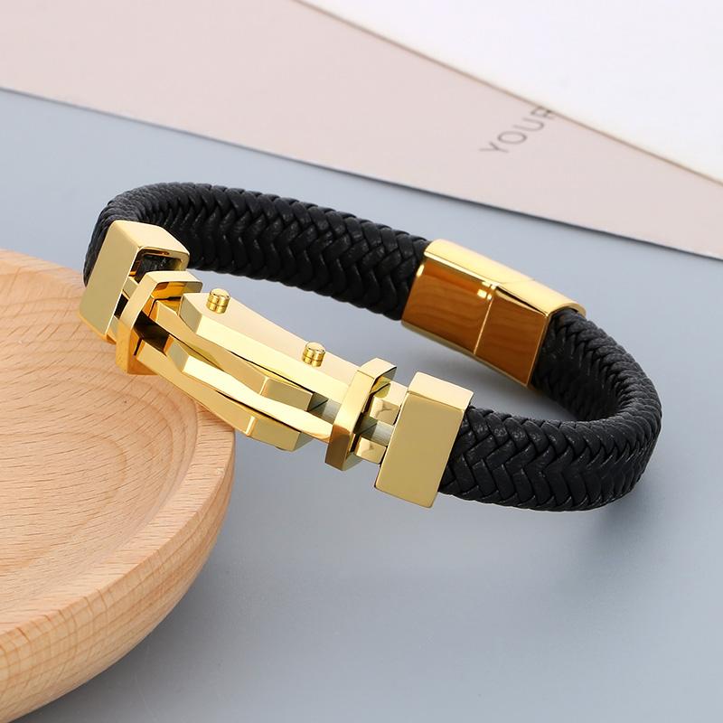 Hip Hop Stainless Steel Interlocking Charms Leather Bracelet for Men Creative Vintage Geometric Woven Bangle Gift Trend Jewelry