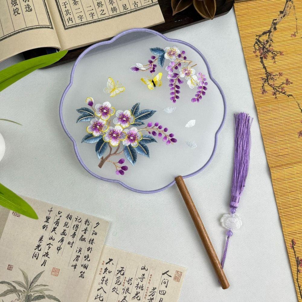 Semi-Transparent Embroidery Round Fan Chinese Style Vintage Hand Fan Dance Fan Wedding