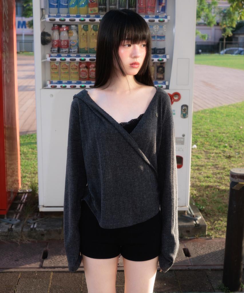 ROSEFRANTZ Wrap Shirring Hood Long Sleeve [Charcoal]