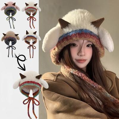 Cute Thick Plush Knitted Hat with Ear Protection, Warm Winter Beanies for Women Men, Soft Pullover Hats for Winter Cold Weather