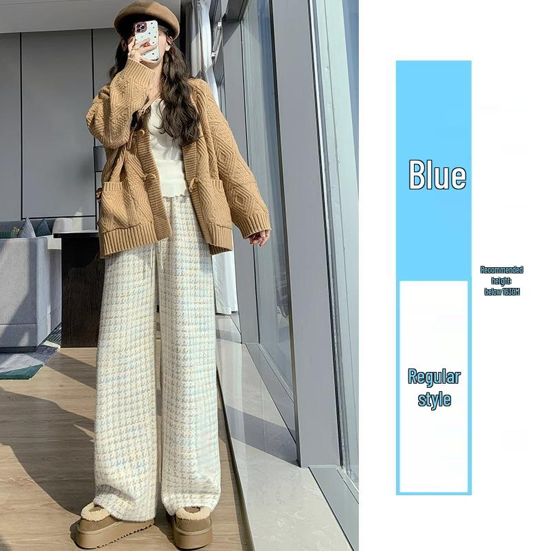 Women's High-Waist Plaid Houndstooth Velvet Pants - Coffee Blue, Wide-Leg, Wool Blend, Petite, for Autumn/Winter