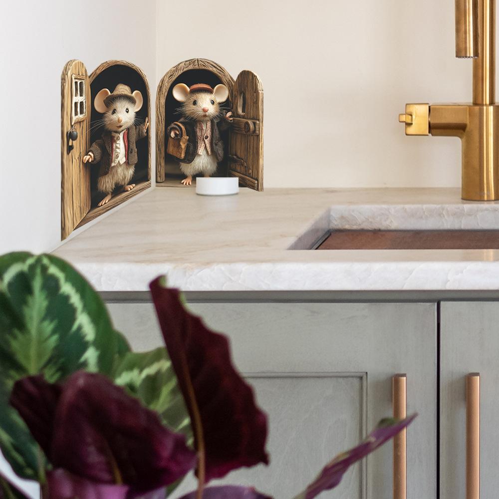 Cartoon Rat In Suit Opening Door Baseboard Sticker for Home Decor Self-Adhesive Removable Decal