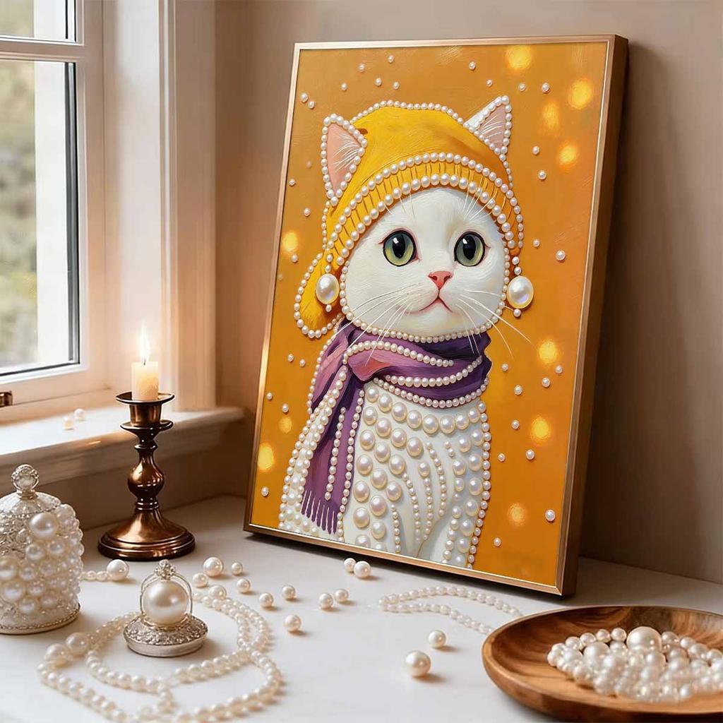 Handmade DIY Pearl Painting The Cat Wearing A Hat Theme Bedroom Living Room Frameless Diy Handmade Sticky Diamond Creative Canvas Painting