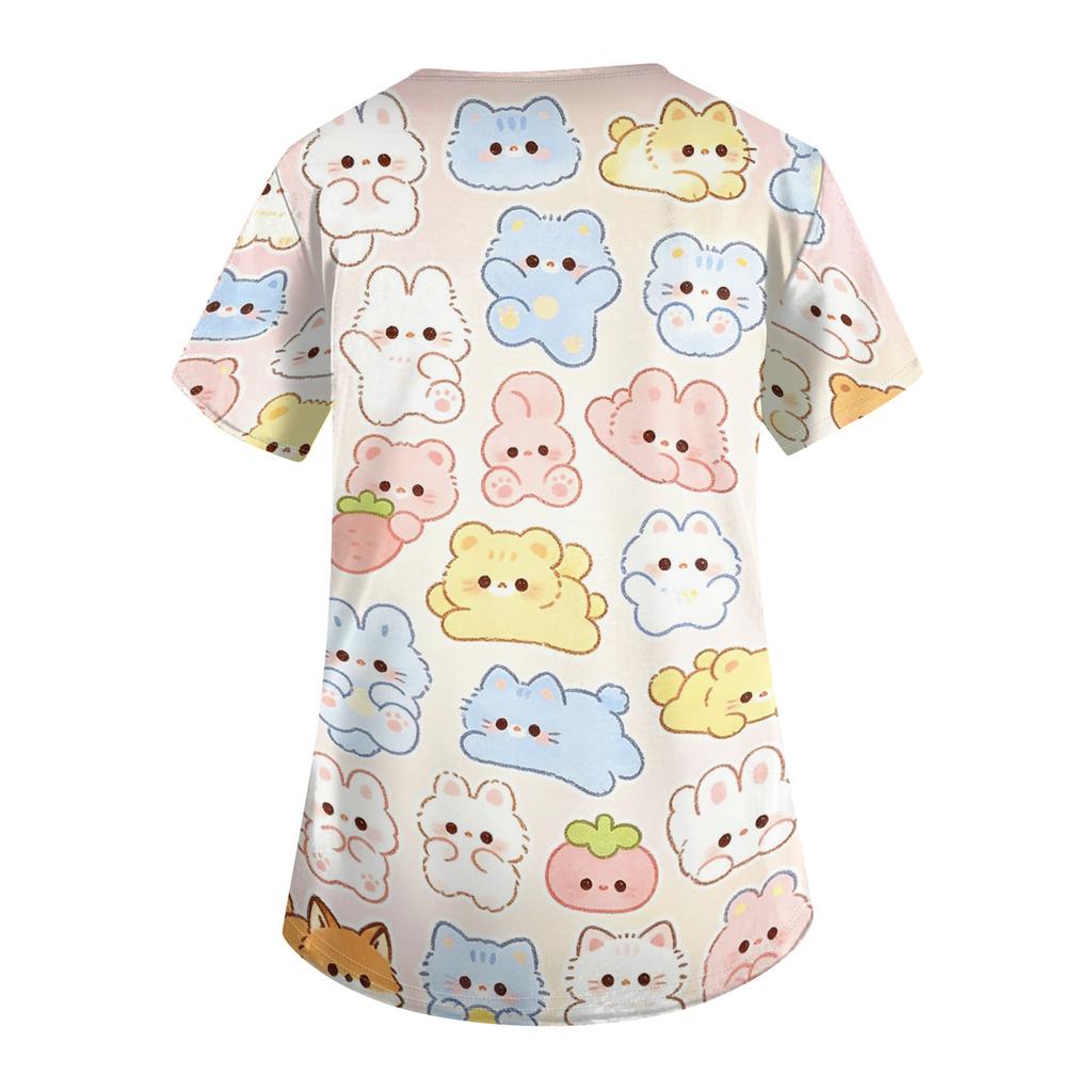 Women's V Neck Short Sleeve Work Top with Pockets Animal Print Medical Scrub Shirt for Healthcare Professionals Comfortable Fit
