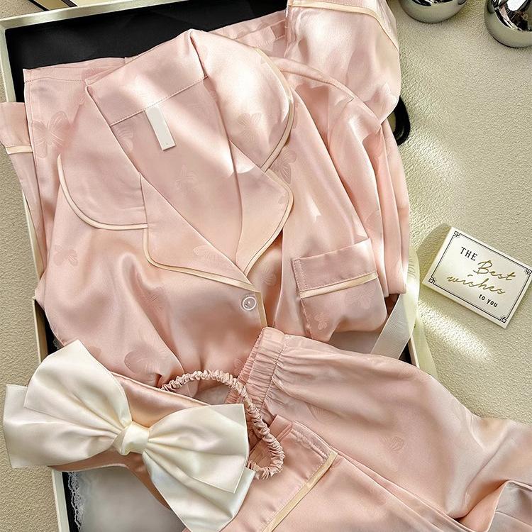 Pajamas Women's Summer Ice Silk Jacquard Pajamas Simple Loose Casual Comfortable Women's Loungewear Suit Premium Sense