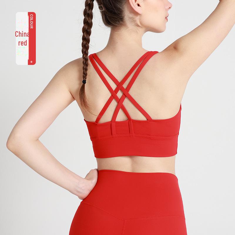 European-American Style Cross-Back Sports Vest: Shock-Absorbing Gathered Sports Bra & Nude Yoga Top for Women