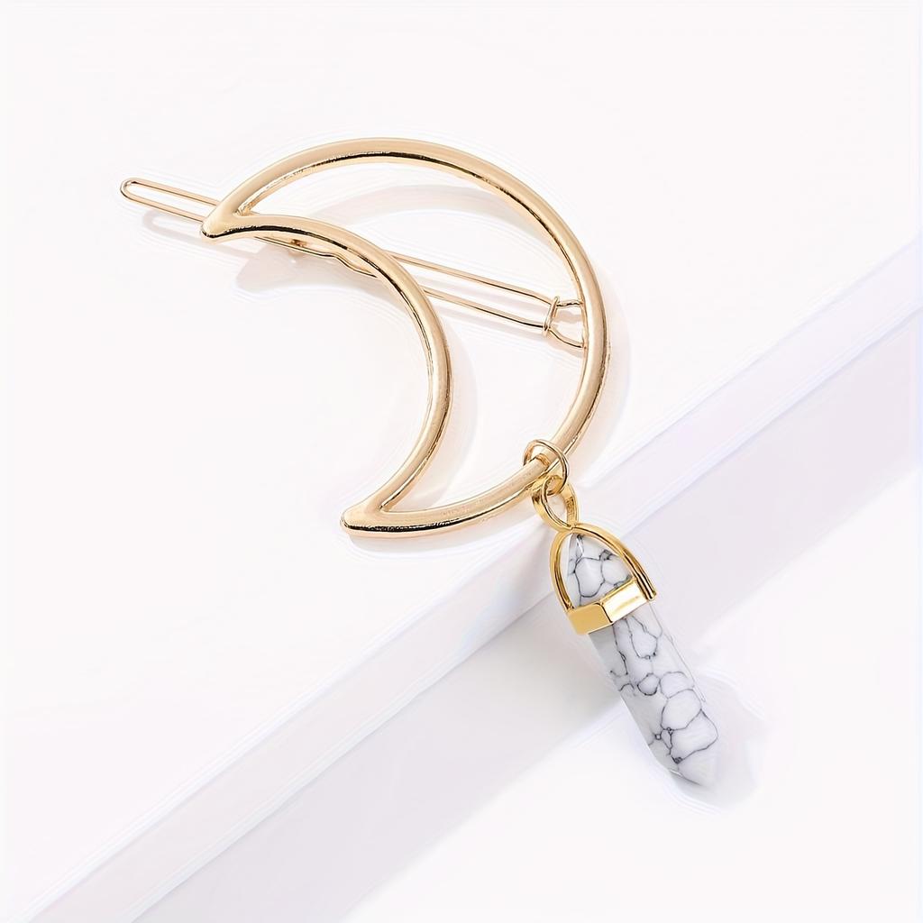 Eleganter sechseckiger Säulen-Naturstein-Anhänger, Metall-Haarklammer in Halbmondform für Damen, Haaraccessoire im schlichten Stil