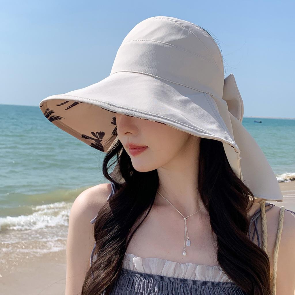 Neuer vielseitiger Mode-Visor Damen Sommer Reise Schleife Krempe Leerer Oberteil Atmungsaktives Schultertuch Bucket Hat