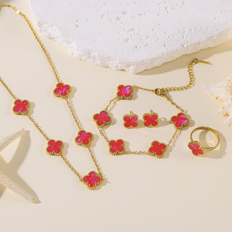 4pcs Four-Leaf Clover Four-Piece Set Including Necklace, Bracelet, Earrings and Ring, Versatile Lucky Five-Petal Fashion Jewelry