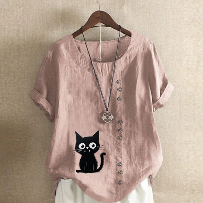Women's Fashion Cat Prined Short Sleeve T-shirt Loose Cotton Shirt Casual Loose Summer Blouse Plus Size Tops