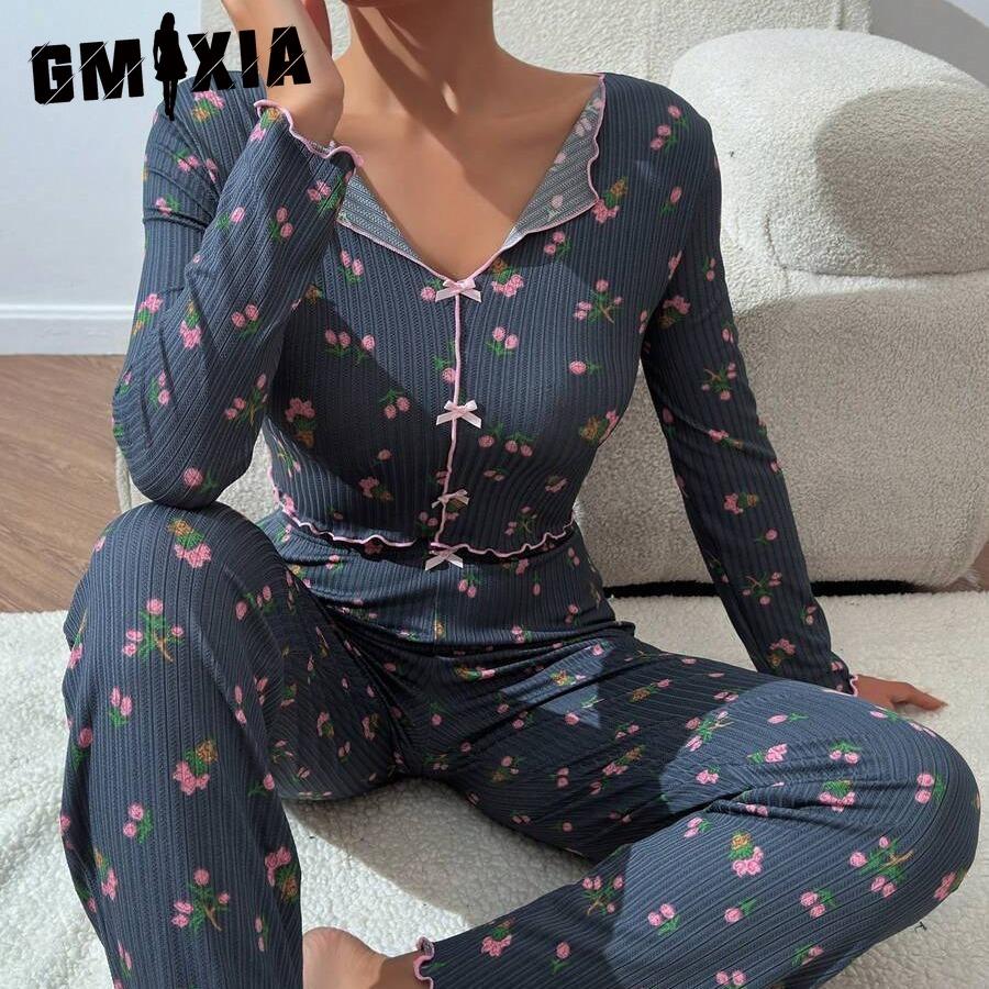 

GMXIA Sexy Pajamas Women s Bowknot Long Sleeve Long Pants Loungewear Two Piece Set XL темно-синий