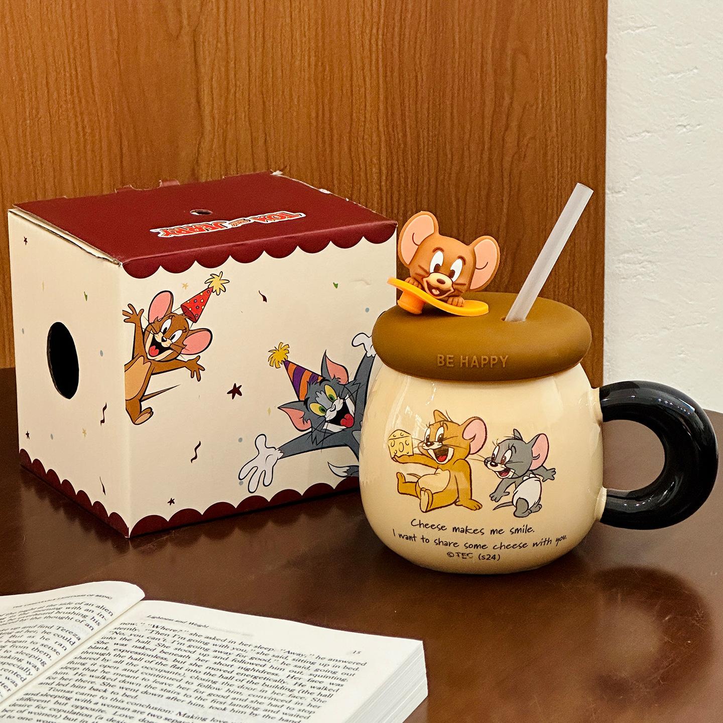Керамическая кружка с крышкой Кошка и мышь IP, креативный дизайн, кружка с трубочкой, для пары, офисная кружка для кофе, сувенир 500ml