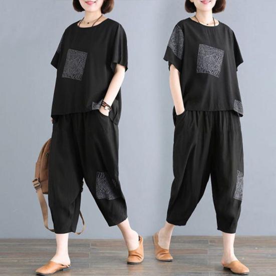 Women T-Shirt Pants Suit O Neck Elastic Waist Short Sleeves Loose Letter Print Summer Ladies Tee Sweatshirt Top Cropped Harem Trousers Kit Daily Wear
