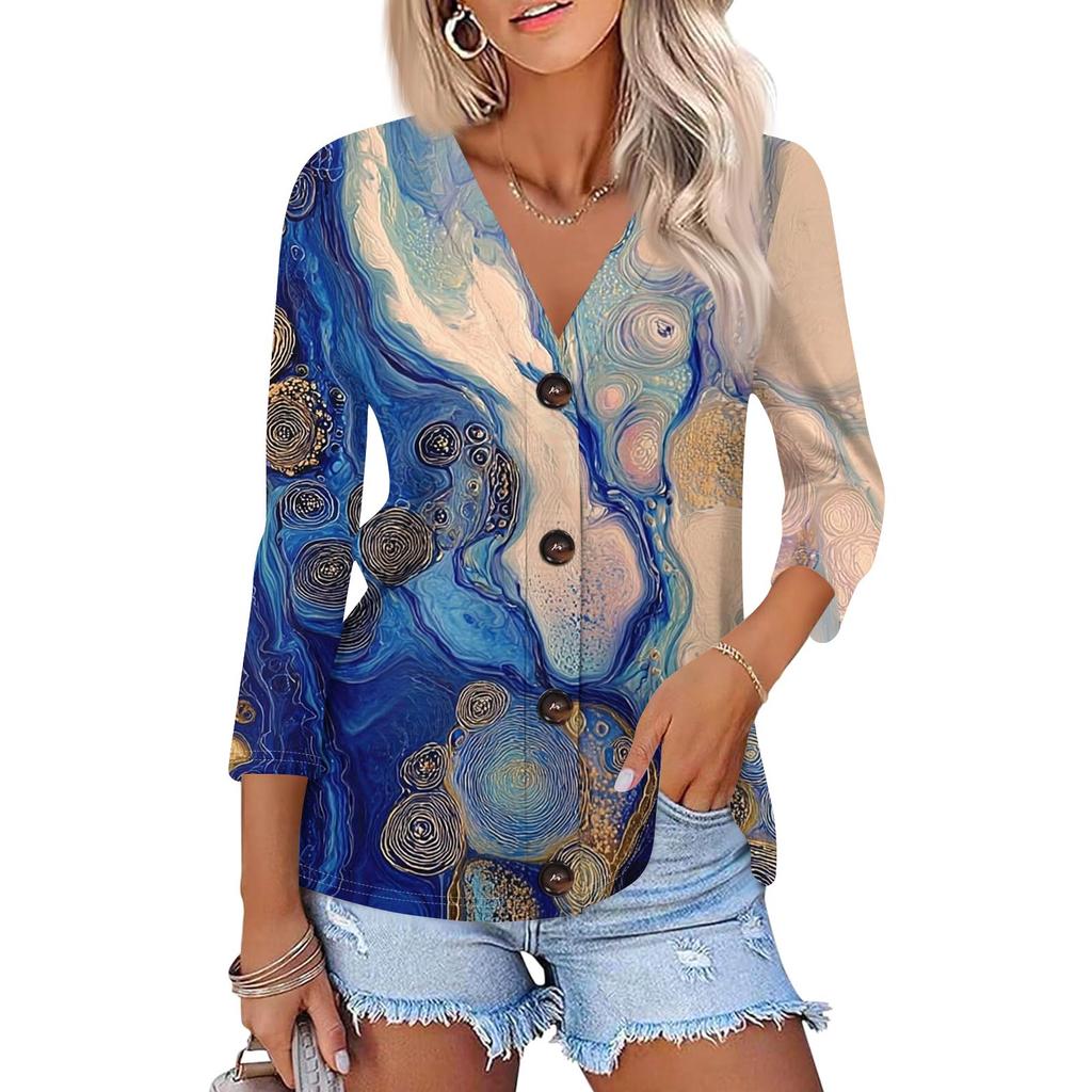 Women's Fashion Casual Printing Button-down Shirt 3/4 Long Sleeve Tops