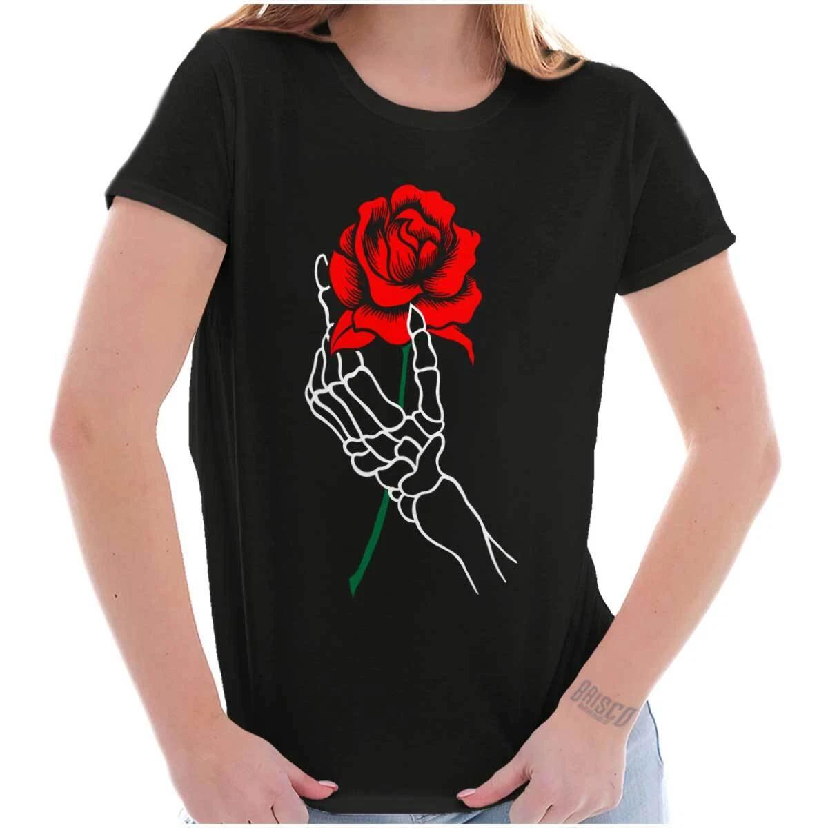 Skeleton Hand Holding Rose Gothic Punk Emo Womens Top Junior Graphic Tee L